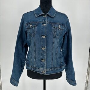 Sonoma Life + Style Blue Denim Trucker Collared Button Up Jacket Cropped‎ Wms L